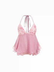 Chiffon Halter Neckline Floral Sequin Ruffled Cami Blouse