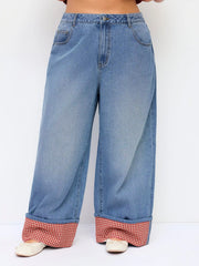 Washed Denim Gingham Wide Leg Jeans Curve & Plus