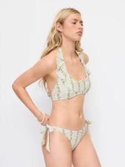 Halter Neckline Lemon Stripe Graphic Ruffle Halter Low Rise Bikini Set