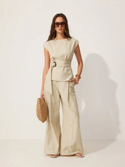 Linen-blend Boat Neck Striped Tie-waist Cami Blouse