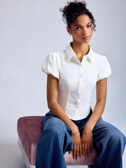 Stretch Cotton-blend Puff Sleeve Crop Blouse