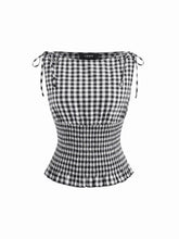 Cotton-blend Boat Neck Gingham Shirred Lettuce Trim Knotted Tank Top
