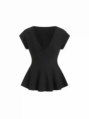 Jersey V-neck Short Sleeve Ruffle Hem Top