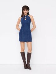 Stretch Denim Mandarin Collar Solid Cut Out Mini Dress