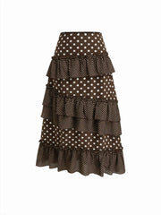 Mid Rise Polka Dot Lettuce Trim Layered Ruffle Hem Maxi Skirt