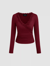 V-neck Solid Lace Trim Ruched Long Sleeve Top