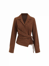 Corduroy Collar Long Sleeve Side Tie Knotted Blouse