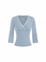 Viscose-blend V-neck Lace Panel Long Sleeve Tee