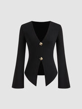 Cotton-blend V-neck Split Long Sleeve Top