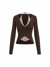 Knit Two Tone Halter Neckline Long Sleeve Button Top
