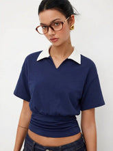 Cotton-blend Two-tone Collar Batwing Sleeve Shirred Hem Top