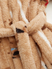 Fleece V-neck Dog Pattern Stripe Robe With Belt