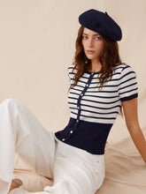 Knit Striped High Stretch Short Sleeve Cardigan With Pearl Buttons