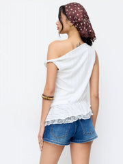 Textured Asymmetrical Ruffled Lace Trim Tank Top