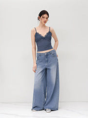 V-neck Solid Lace Ruched Cami Top