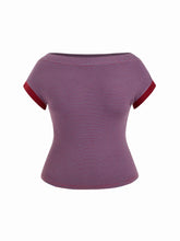 Boat Neck Stripe Contrasting Binding Short Sleeve Tee Curve & Plus