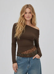 Asymmetrical Neck Long Sleeve Contrasting Lace Ruched Tee