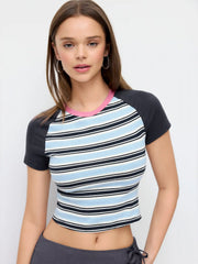 Knit Fabric Round Neckline Stripe Short Sleeve Tee