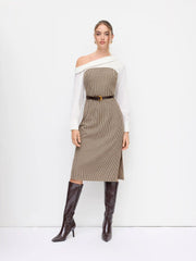 Cotton Fold Over Asymmetrical Neck Checks Patched Side Split Midi Dress With Belt