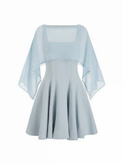 Chiffon Lace Trim Cape & Square Neck Flared Mini Dress Set