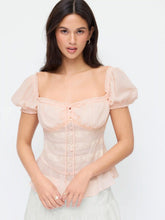 Chiffon Sweetheart Puff Sleeve Lace Panel Ruched Peplum Blouse