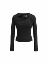 Asymmetrical Neck Long Sleeve Metal Detail Top