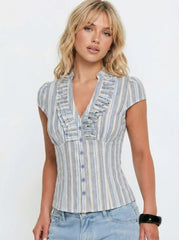 Linen-blend V-neck Striped Ruffled Blouse