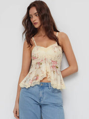 Mesh Floral Sweetheart Neck Lace Trim Peplum Hem Cami Blouse