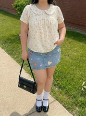 Floral Peter Pan Collar Short Sleeve Blouse Curve & Plus