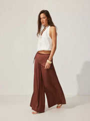 Satin Mid Rise Wrap Wide Leg Trousers