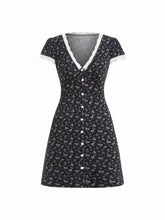 Ditsy Floral V-neck Lace Trim High Rise A-line Mini Dress