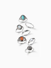 7PCS GEMSTONE & RHINESTONE & LEAF RING SET