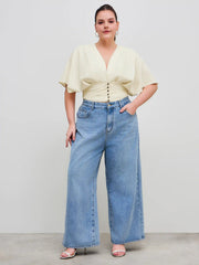 Cotton-blend V-neck Solid Ruched Button Top Curve & Plus