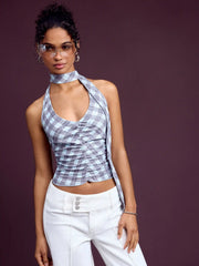 Gingham V-Neck Ruched Halter Tank Top