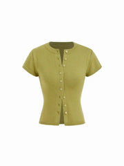 Knit Round Neckline Button Short Sleeve Top