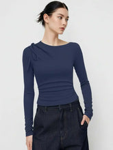 Asymmetrical Neck Long Sleeve Ruched Knotted Top