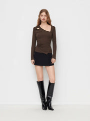 Asymmetrical Neck Long Sleeve Metal Detail Ruched Top