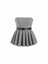 Knit Strapless Ruffled Peplum Crop Top With Belt