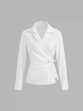 Cotton-blend Collar Solid Wrap Knotted Long Sleeve Shirt