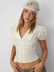Cotton-blend Textured Lace Trim Puff Sleeve Blouse