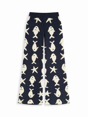 Knit Fish Pattern Mid Rise Elastic Waist Wide Leg Trousers