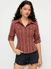 Textured Tile Collar Long Sleeve Blouse