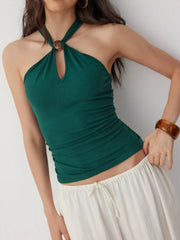 Halter Neckline Beaded Ruched Twist Knotted Top