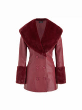 Faux Leather Double Breasted Jacket With Faux Fur Trim