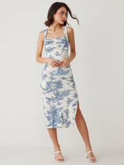Toile de Jouy Ruched Split Maxi Dress