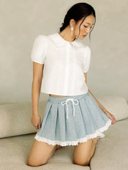 Cotton-blend Doll Collar Solid Knotted Short Sleeve Shirt