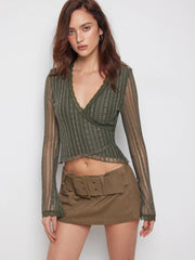 Lace V-Neck Wrap Long Sleeve Top