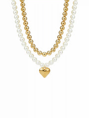 DOUBLE-LAYER FAUX PEARL BEADED HEART PENDANT NECKLACE