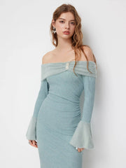 Off-shoulder Bell Sleeve Rhinestone Ruched Maxi Dress