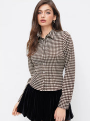 Cotton-blend Collar Long Sleeve Gingham & Bowknot & Two Tone Blouse